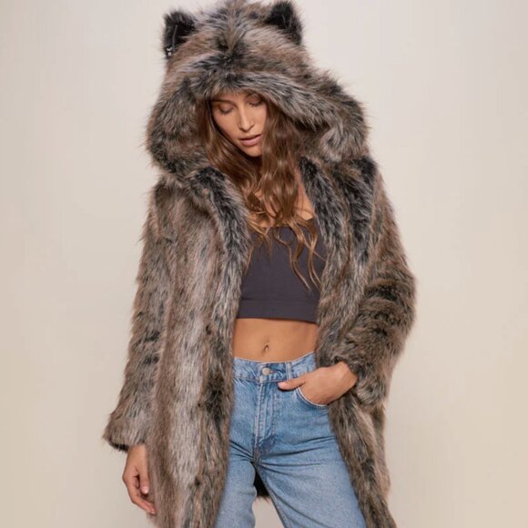 SpiritHoods Jackets & Blazers - SpiritHoods Grey Wolf Classic Faux Fur Hooded Coat Jacket Brown (Medium)